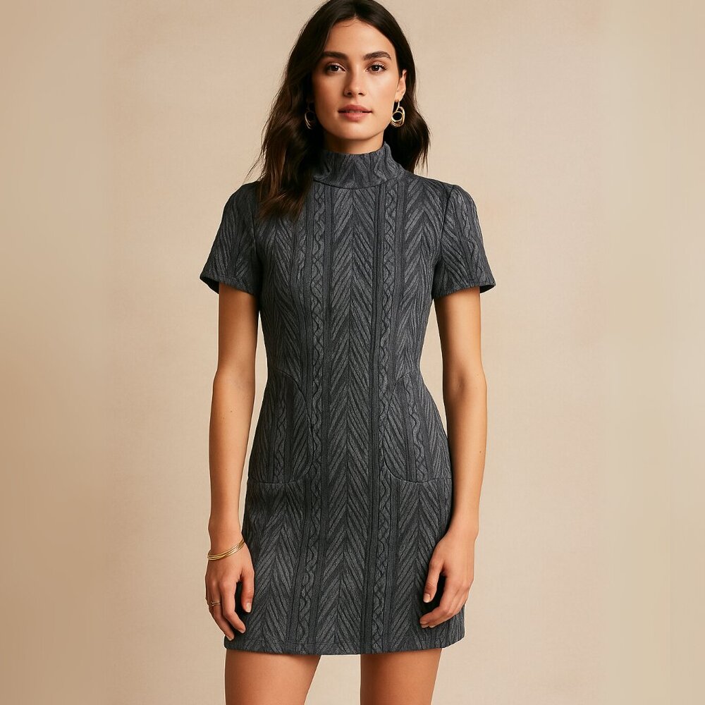 ANNELORE Textured Jacquard Mini‎ Dress with Mock Neck & Sculpted Pockets